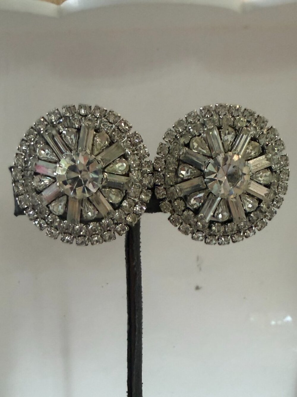Vintage Silver Tone and Rhinestone Oversized Round Clip on Earrings